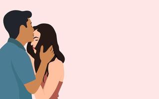 hombres besándose en la frente de las niñas, hermosa pareja romántica ilustración de vector de caracteres sobre fondo rosa claro.