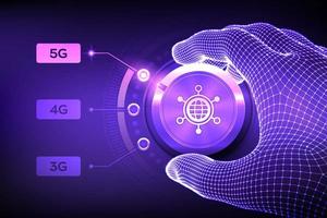 5G network wireless systems and internet of things. Wireframe hand turning the mobile network selector button to the next 5G generation. Telecommunication standards concept. Vector illustration.