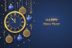 Happy New Year 2022. Golden shiny watch with Roman numeral and countdown midnight, eve for New Year. Background with shining gold and blue balls. Merry Christmas. Xmas holiday. Vector illustration.