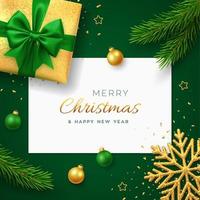 Christmas green background with square paper banner, realistic gift box with green bow, pine branches, gold stars and glitter snowflake, balls bauble. Xmas background, greeting cards. Vector. vector