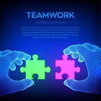 Two hands trying to connect couple puzzle piece. Red and green jigsaw parts as a symbol of association and connection. Business solutions, strategy and success. Teamwork concept. Vector Illustration.