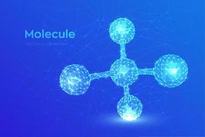 Molecule Structure. Low poly abstract Molecule. Dna, atom, neurons. Molecules and chemical formulas. Scientific background for medicine, science, chemistry, biology. 3D polygonal vector illustration.