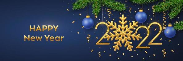 Happy New 2022 Year. Hanging Golden metallic numbers 2022 with snowflake, balls, pine branches and confetti on blue background. New Year greeting card or banner template. Holiday decoration. Vector. vector