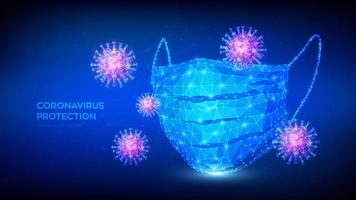 Medical mask. Abstract low polygonal protective medical face mask and virus cells. Stop Coronavirus 2019-nCoV outbreak. No infection and stop the COVID-19 pandemic medical concept. Vector illustration