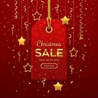 Christmas and New Year sale price tag. Realistic red tag hanging on gold rope. Discount label with golden stars and confetti. Xmas banner design, advertising, marketing price tag. Vector illustration.