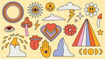 Set of hipster retro cool psychedelic elements. A collection of groovy cliparts from the 70s. editable stroke. Abstract design of cartoon stickers. Trend vector illustration.