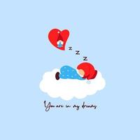 Enamored gnome sleep on cloud dreaming about girl. Red heart. You are in my dreams. On blue background. Vector illustration. Valentines day card. Template of t shirt print, greeting card, valentine