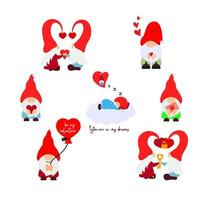 Set of Cute Valentine s Day gnomes, couple, with cup of tea, hearts, balloon, letter, on cloud. Vector clipart. Template for greeting card, t shirt, print for clothes, sleepwear, mug, pillow, sticker.