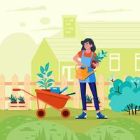 Woman Gardener Holding Plant And Watering Can Concept vector