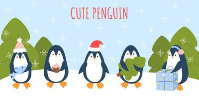 establecer lindos pingüinos con elementos de invierno, navidad y año nuevo. animales divertidos para tarjeta, cartel, folleto, página, banner. texto lindo pingüino. ilustración vectorial en estilo de dibujos animados con fondo. vector