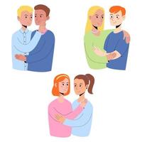 establecer pareja enamorada. variedad de orientaciones. lgbtq. abrazo heterosexual, gay y lesbiana. ilustración vectorial en estilo plano sobre un fondo blanco. vector