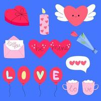 Valentines day romantic elements. Set cute clipart objects for greeting card, poster, pattern, banner, stickers. Vector illustration in cartoon style.