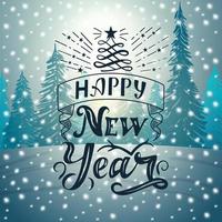 Happy New Year, Christmas Calligraphic sign on background with Winter landscape vector