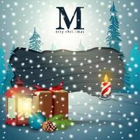Navidad plantilla en blanco de tarjeta de felicitación con tablero de madera con espacio de copia, linterna vintage, regalos y paisaje invernal en el fondo vector