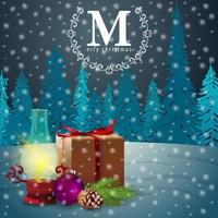 Plantilla navideña de postal de felicitación con espacio de copia, linterna vintage, regalos y paisaje invernal en el fondo vector