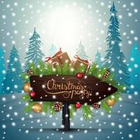 Christmas party, poster with wooden pointer decprated of Christmas tree branches with presents and candy canes on background with winter forest vector