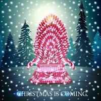 Christmas is coming, poster with throne made of candy canes and winter landscape on background vector