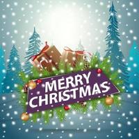 Merry Christmas, greeting frame decorated of Christmas tree branches, presents and candy canes on background of snow landscape vector