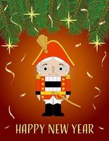 nutcracker on a dark background with fir branches stars and confetti vector