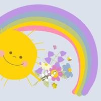 Yellow cute sun holding spring flowers. In the blue sky there is a bright multicolored rainbow. Butterflies and a bee are flying. Cartoon style vector illustration. Hand drawing. For print, web design