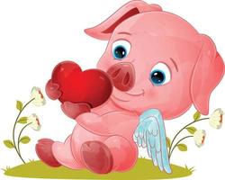 The angel pig is sitting and holding a small love vector