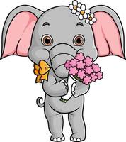 el lindo elefante sostiene un ramo de flores vector