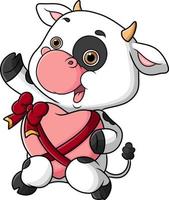 la linda vaca está actuando y sosteniendo un gran corazón amor vector