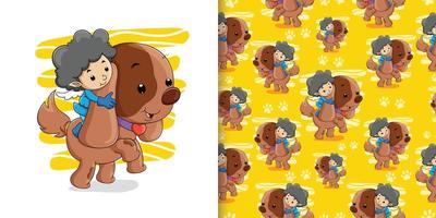 The cupid is playing with the little puppy with the long ears in the set pattern vector