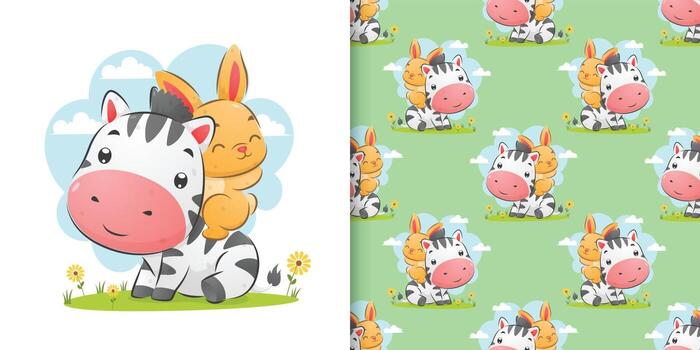 The hand drawing of zebra and the rabbit playing in the garden in the colored vector