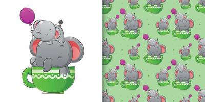 The watercolor of the elephants playing with the balloons on the cups in pattern set vector