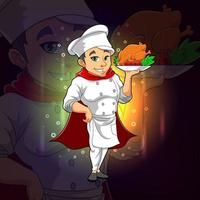 The cool chef is serving a chicken for esport logo design vector