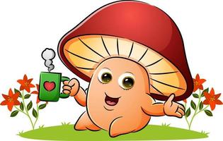 The mushroom is enjoying a cup of coffee in the garden vector