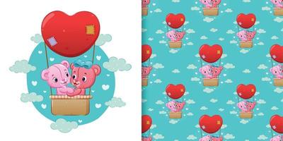 The seamless of the cute couple teddy bear flying with gas balloon in the sky vector