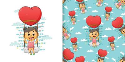 The hand drawn pattern set of the little girl sitting on the cloud in the floating heart balloon vector