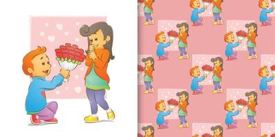 The pattern set of the of the man giving a flowers and kneeling love with a woman vector