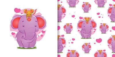 The seamless of the little mouse is holding a small love on the forehead of the elephant vector