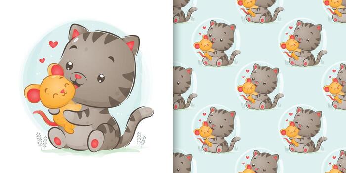 The pattern set of mouse is playing with the big cat vector