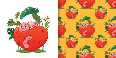 The seamless pattern of the little worm is coming up from the apples with the trees background vector