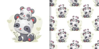 The seamless set of little panda sleeping on her mother's head with the cute position vector