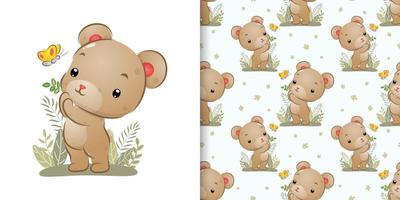 The seamless pattern set of little bear catching the beautiful butterfly in the garden vector