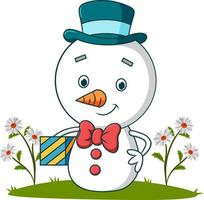 The cute snowman is holding a gift box vector