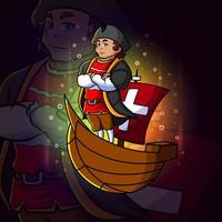 The christopher columbus pirates is standing on the ship esport mascot design vector