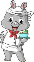 The chef rhino is serving the bowl of soup vector