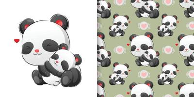 The hand drawing of the baby panda sleeping with her mother in the pattern set vector