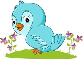 The happy bird is perching on the grass vector