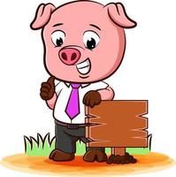 A pig dressed as businessman stand on wooden sign vector