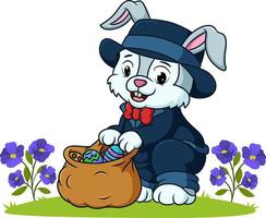 The rabbit is bringing a sack of easter eggs vector