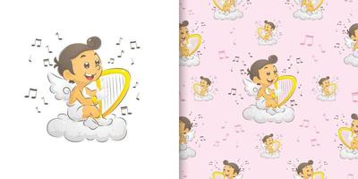 The cupid sitting and playing the harp in the paradise vector