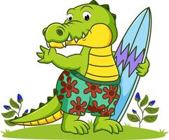 The big crocodile is holding the surfing board vector