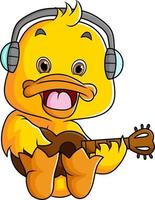 The cool duck is playing guitar while sitting